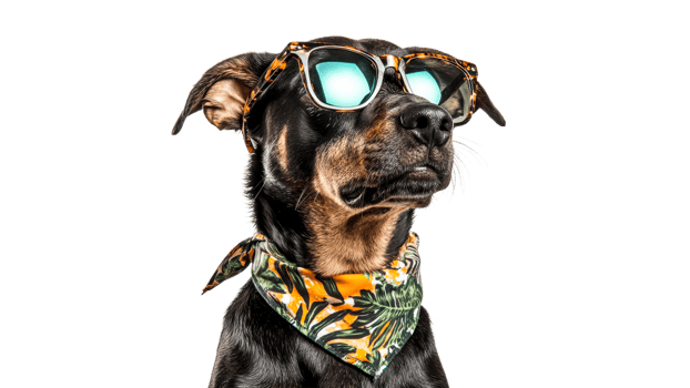 Dog wearing sunglasses and a tropical bandana png