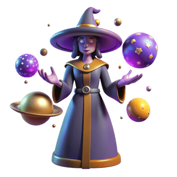 stunning classic 3D Render of a Witch Juggling Planets original png