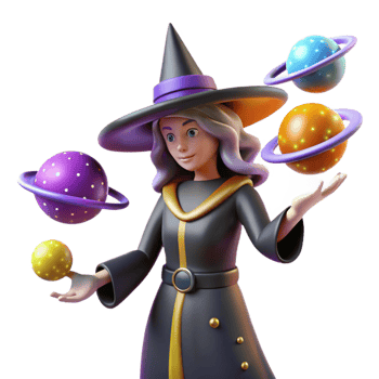 vibrant rustic 3D Witch Juggling Planets Illustration high quality png
