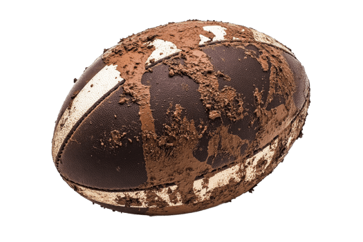 Mud covered rugby ball rests on the field png