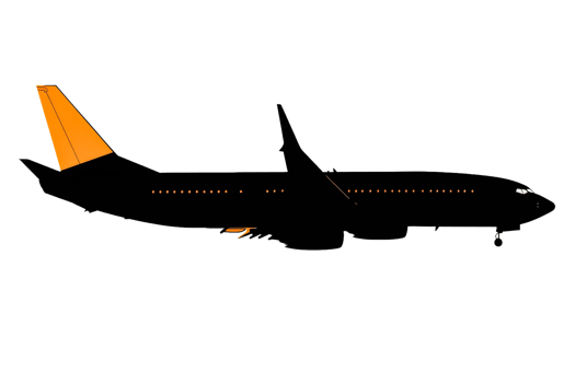 Airplane silhouette with orange tail in flight png