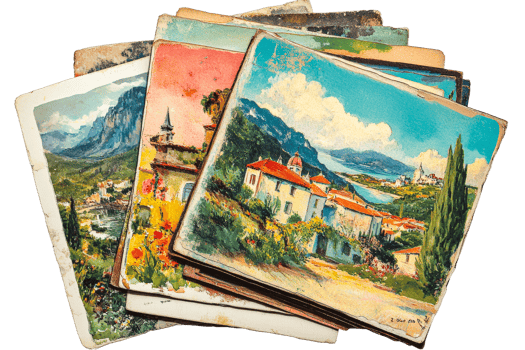 Vintage landscape paintings stacked on a table png