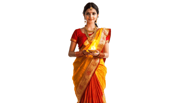 Woman wearing traditional Indian attire with diya png