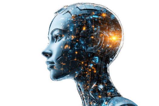 Advanced humanoid robot with complex circuitry png