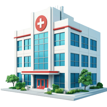 a hospital building with a red cross on the front png