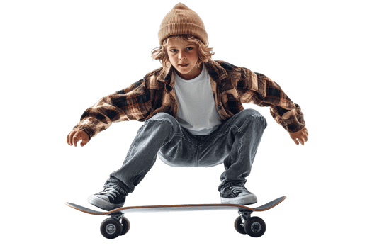 Young skateboarder performs tricks indoors png