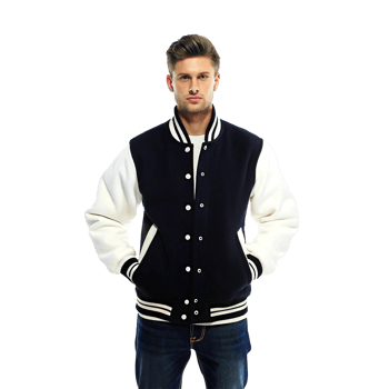 Stylish Man Modeling a Classic Navy Blue and White Baseball Varsity Jacket png