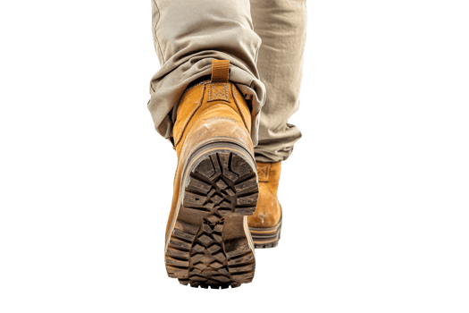 Heavy duty boots walking on rugged terrain png