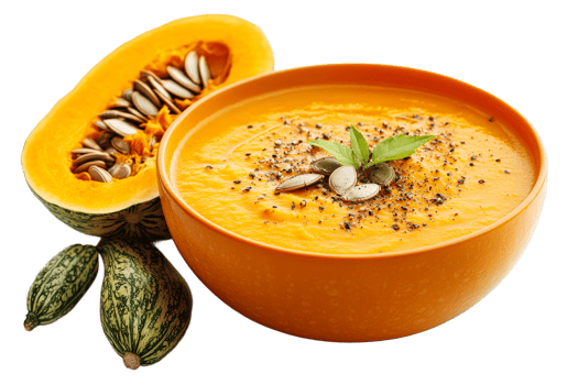 Creamy pumpkin soup with fresh herbs png