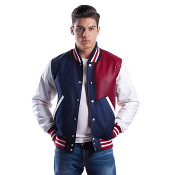 Stylish Man Wearing a Red White and Navy Blue Baseball Varsity Jacket png