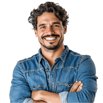 Smiling man with curly hair and a denim shirt poses confidently png