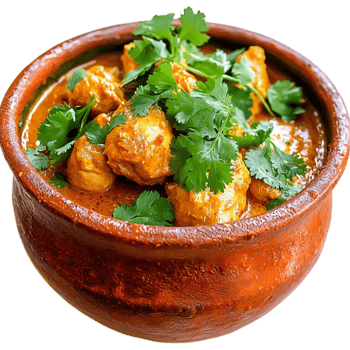 Bowl of chicken curry garnished with cilantro is served in a traditional earthen pot png