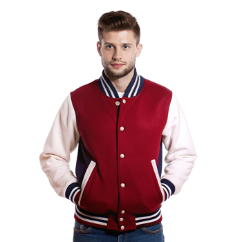 Handsome Man Model Wearing a Maroon and Cream Varsity Jacket png