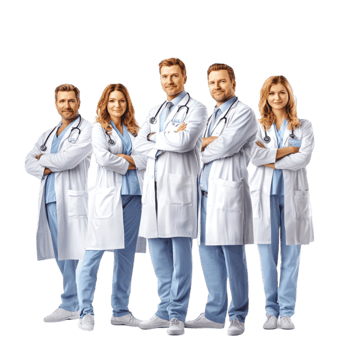 Group of doctors in white lab coats stands confidently with arms crossed png