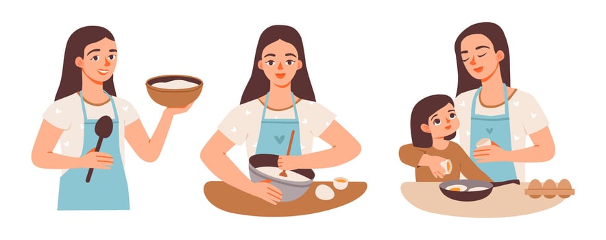 Mother and daughter cooking together in the kitchen. Home cooking. Daughter baking with her mother. Woman and a child preparing a meal. Flat illustration. vector