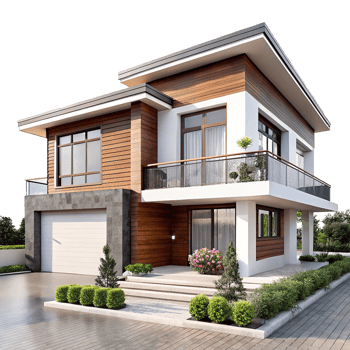 Modern TwoStory House with Wood Siding and Large Windows png