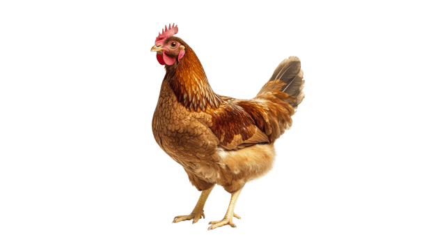Brown chicken stands proudly in a simple setting png