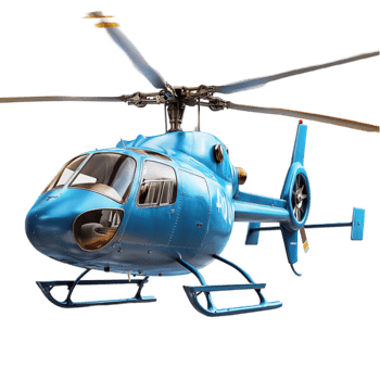 Blue helicopter with rotor blades and windows hovers in the air png