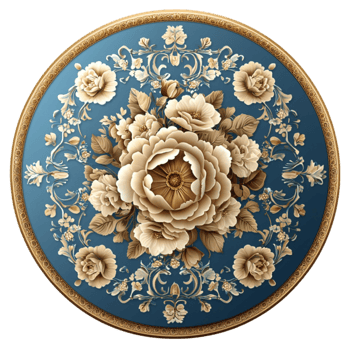 Round blue plate with floral carvings showcases craftsmanship png