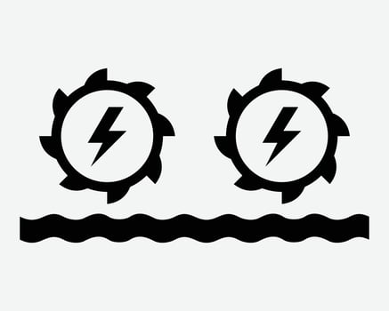Hydroelectricity Hydro Water Turbine Clean Energy Electricity Power Generator Rotate Renewable Resources Green Carbon Neutral Climate Change Black White Icon Sign Symbol Graphic Illustration vector