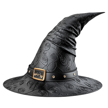 Black witch hat with a twisted tip and patterns exudes a mysterious and magical vibe png
