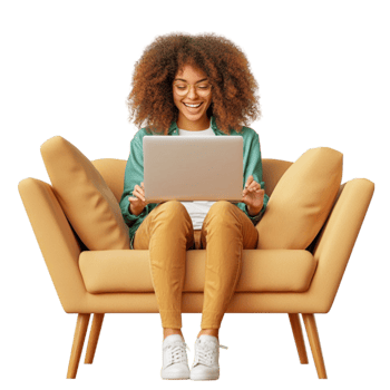 Woman es on a couch with a laptop enjoying a cozy digital moment png
