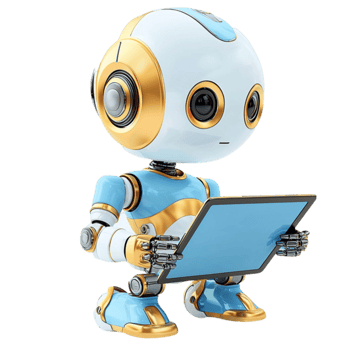 Blue robot holds a laptop with a cheerful face symbolizing tech innovation png