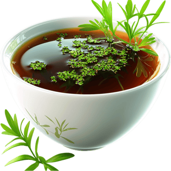 herbal tea with green leaves steeps in a white ceramic cup png