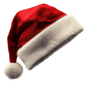 Red Santa hat sits plush with white trim evoking cheer png