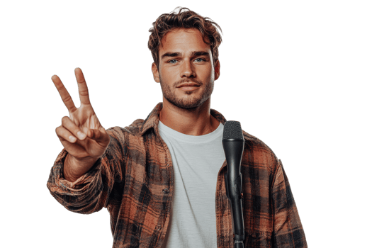 Young man giving peace sign in casual attire png
