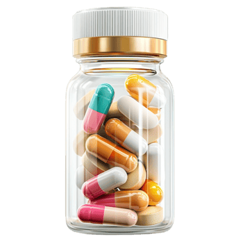 White pill bottle holds colorful capsules offering health and wellness support png