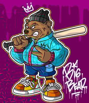 Bear Graffiti Cartoon Character. Bear Illustration holding baseball stick, wear jacket and beanie hat vector