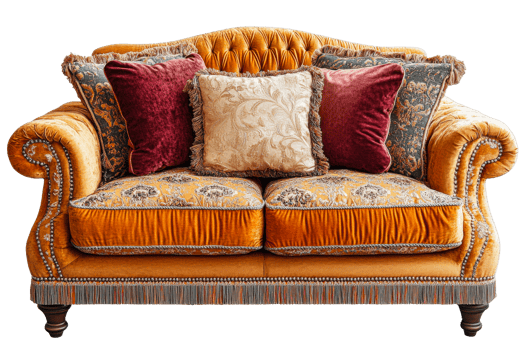Elegant vintage sofa with decorative pillows png