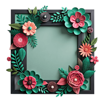 A black picture frame adorned with a beautiful border of pink and green paper flowers. png