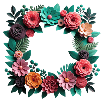 A beautiful paper flower wreath featuring pink, orange, green, and purple flowers and leaves. png