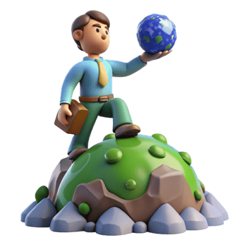 elegant minimalist 3D Cartoon Man Holding Earth on Hilltop Illustration detailed png