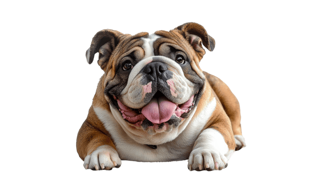 Happy bulldog lounging on a white background png