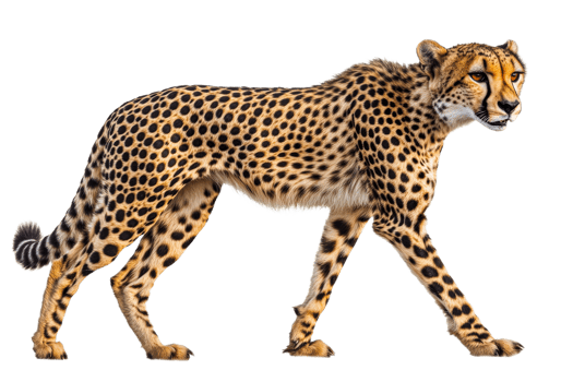 Cheetah walking gracefully across a plain transparent png