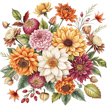 Autumnal Watercolor Bouquet of Dahlias Sunflowers and Other Flowers png