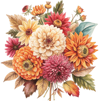 Autumnal Watercolor Bouquet of Dahlias Zinnias and Chrysanthemums png