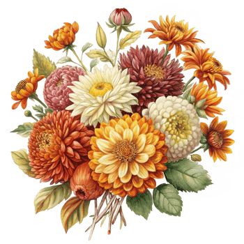 Autumnal Bouquet of Dahlias Chrysanthemums and other Flowers png