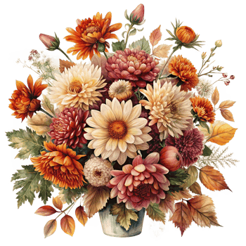 Autumnal Bouquet of Dahlias Chrysanthemums and Fall Foliage in a Rustic Vase png