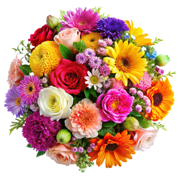 Vibrant and Colorful Summer Flower Bouquet A Stunning Mix of Roses, Gerbera Daisies, Sunflowers, and More png