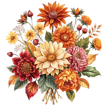 Autumnal Watercolor Bouquet of Dahlias Sunflowers and Fall Foliage png