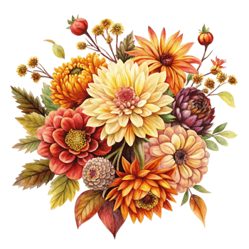 Autumnal Watercolor Bouquet of Dahlias Chrysanthemums and Other Flowers png