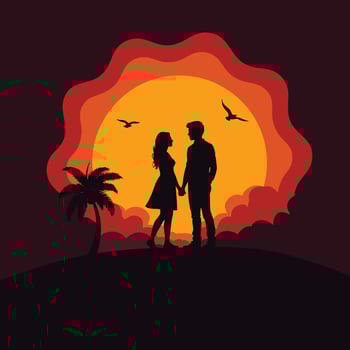 A couple standing in front of a sunset with palm trees vector