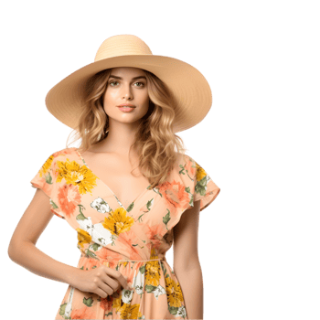 Stylish woman enjoys refreshing drink, outdoor , portrait photography, bright summer day, fashion showcase, vibrant floral dress png