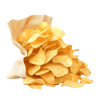 Delicious crunchy potato chips spilling from a bag kitchen table food photography cozy environment close-up view snack delight png