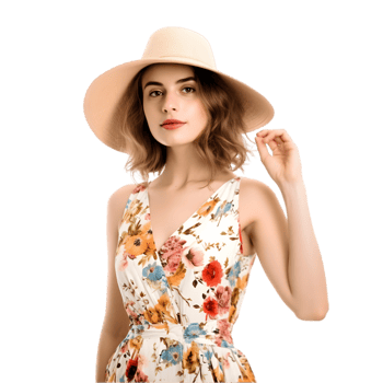 Trendy woman in floral summer dress holding a hat outdoor garden fashion photography bright day portrait style png