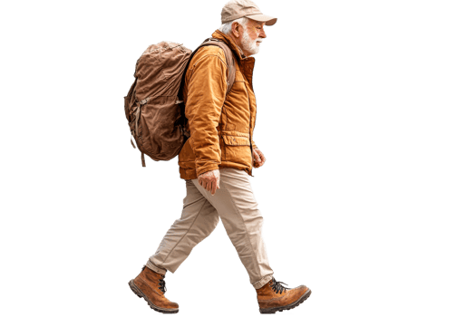 Elderly man hiking with backpack on a trail png